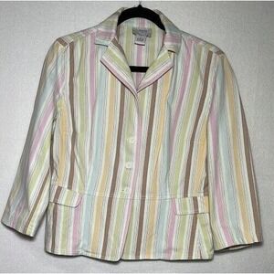 Ann Taylor Loft Jacket Women Size 8 Multicolor Stripe V Neck Pockets Long Sleeve